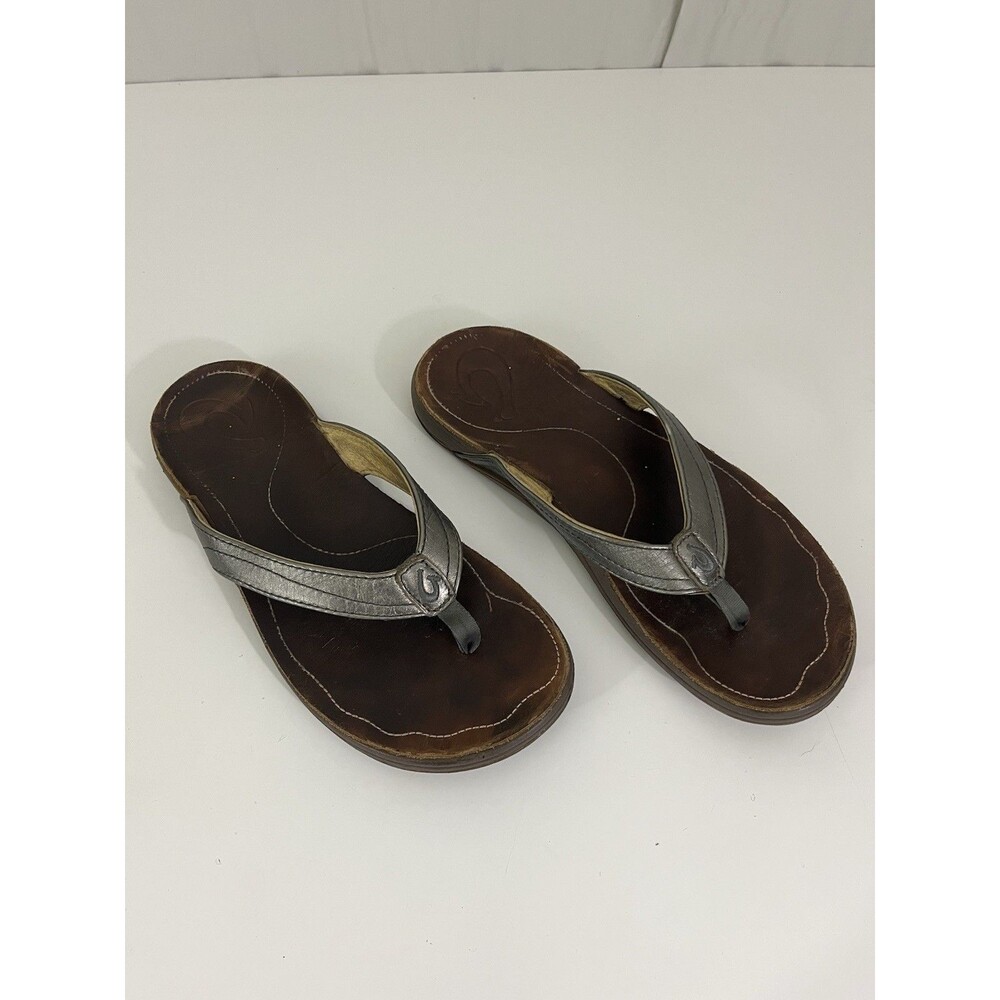 Olukai Thong Sandals Flip Flops Kumu Brown Java Leather US W 8 Silver Straps